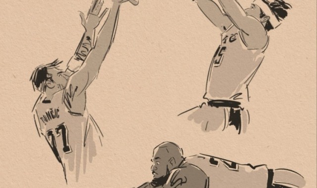 天天看球-壁纸请收藏！美漫画家晒作品 老詹鱼跃&amp;小里1+2&amp;东契奇绝平全都有